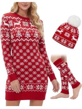 NEW 3pc Christmas Sweater Dress Set Y2K Holiday Fit Thigh High Socks| Hat 🎄